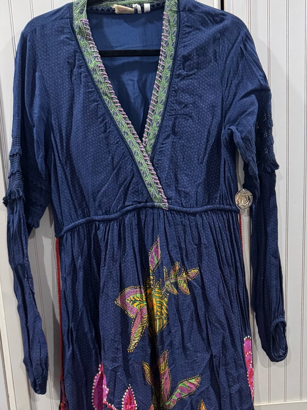 Anthropologie Navy Maxi Dress with Pink and Green Embroidery